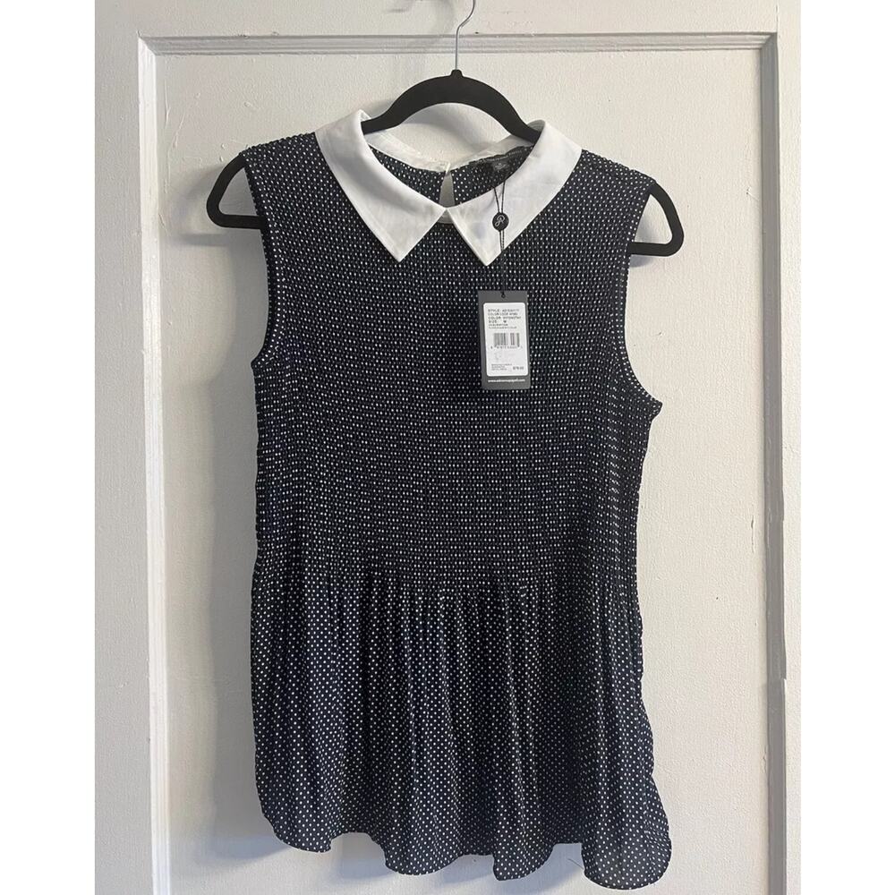 Adrianna Papell NWT Navy Polka Dot Sleeveless Blouse with White Collar, Large